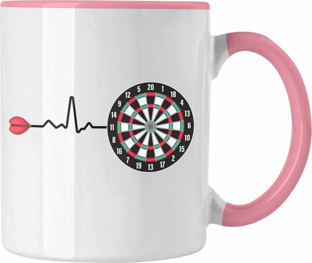 Trendation - Dart Herzschlag Geschenk Tasse Kaffeetasse Dartspieler Geschenkidee Darts Geschenke für Männer Frauen (Rosa)