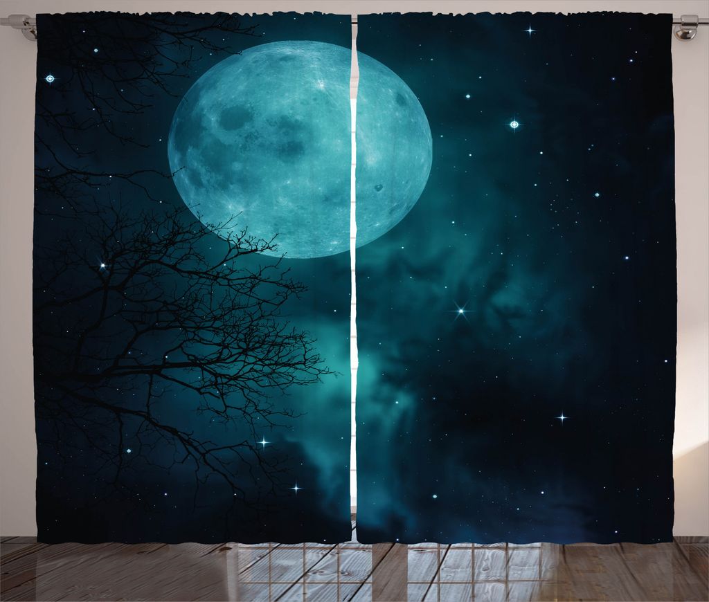 ABAKUHAUS Platz Rustikaler Vorhang, Äußere Welt Cosmos Mond, Wohnzimmer Universalband Gardinen mit Schlaufen und Haken, 280 x 245 cm, Petrol Blau