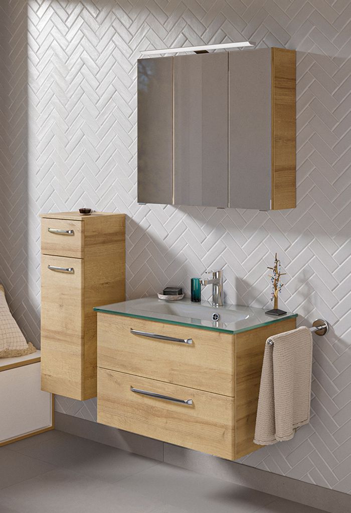 Badmöbel Set mit Glaswaschbecken TRENTO-66 in Riviera Eiche Nb., B/H/T: ca. 122/200/50 cm