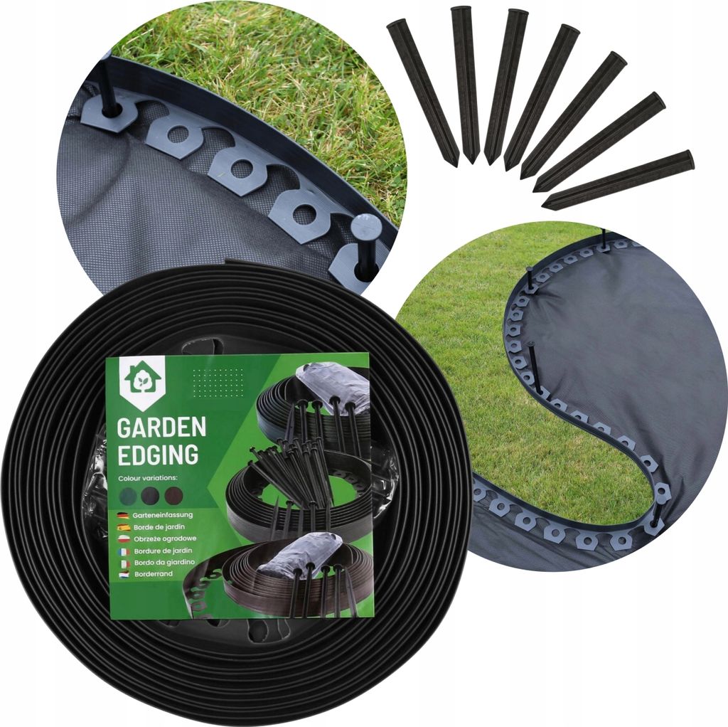 Schwarze flexible Beeteinfassung, Rasenkante + Anker 20 Meter + 60 Befestigungsnägel