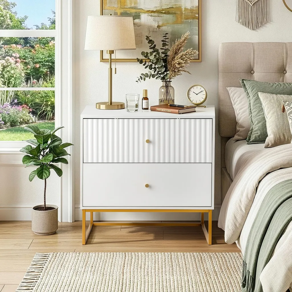 Table de chevet FCH à 2 tiroirs blanc et doré design moderne 70 cm