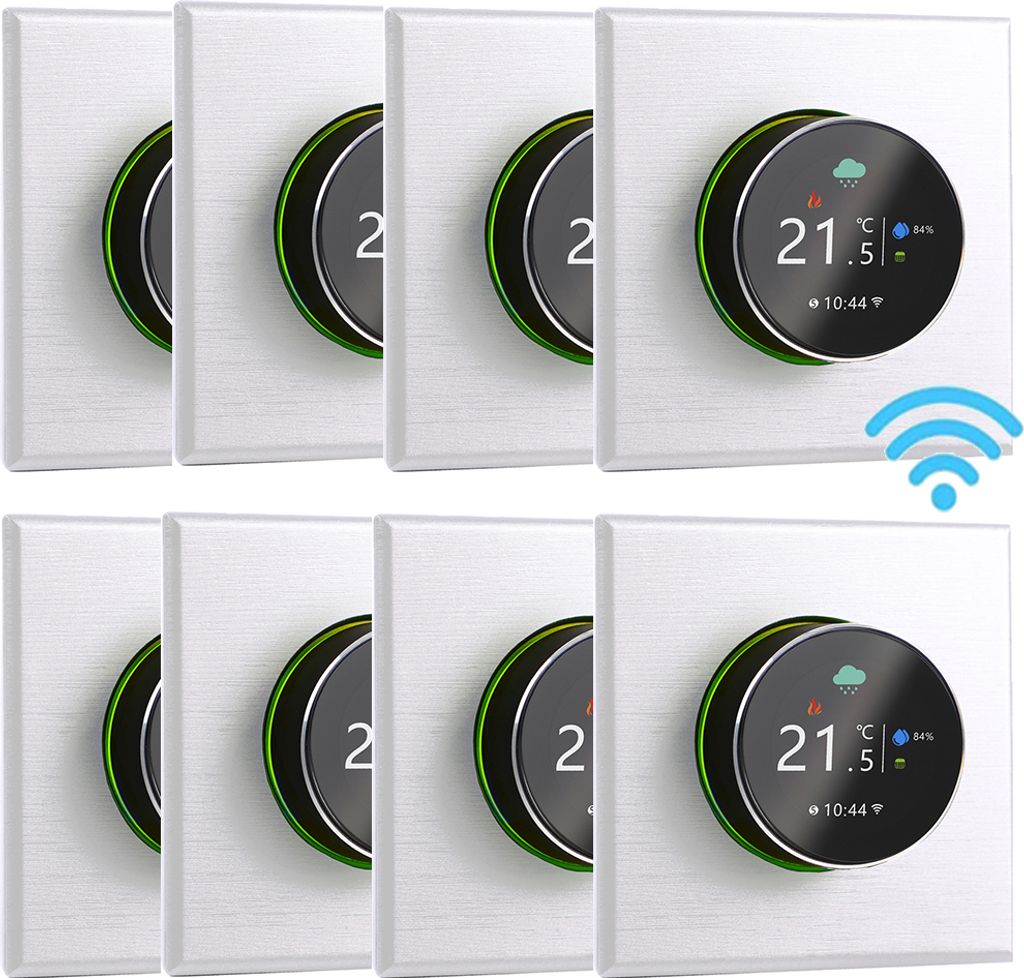 A collage of smart thermostats, some showing a digital display with weather and temperature information, and a Wi-Fi symbol.