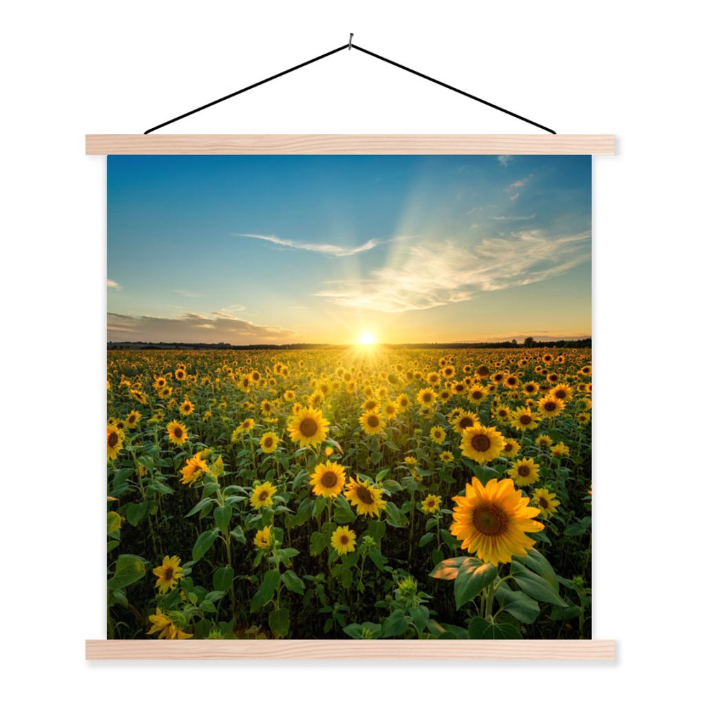MuchoWow Textilposter Sonnenuntergang - Blumen - Sonnenblume - Horizont - Landschaft 60x60 cm mit holzfarbenen Rahmen - Wanddekoration
