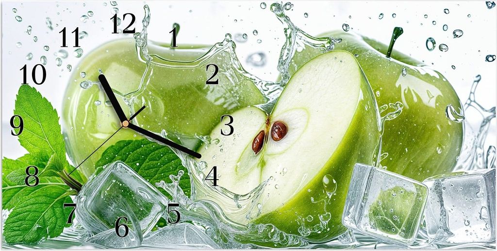Wanduhr aus Glas mit Motiv Frische Äpfel Splash- 60 x 30 cm - inkl. Aufhängesystem