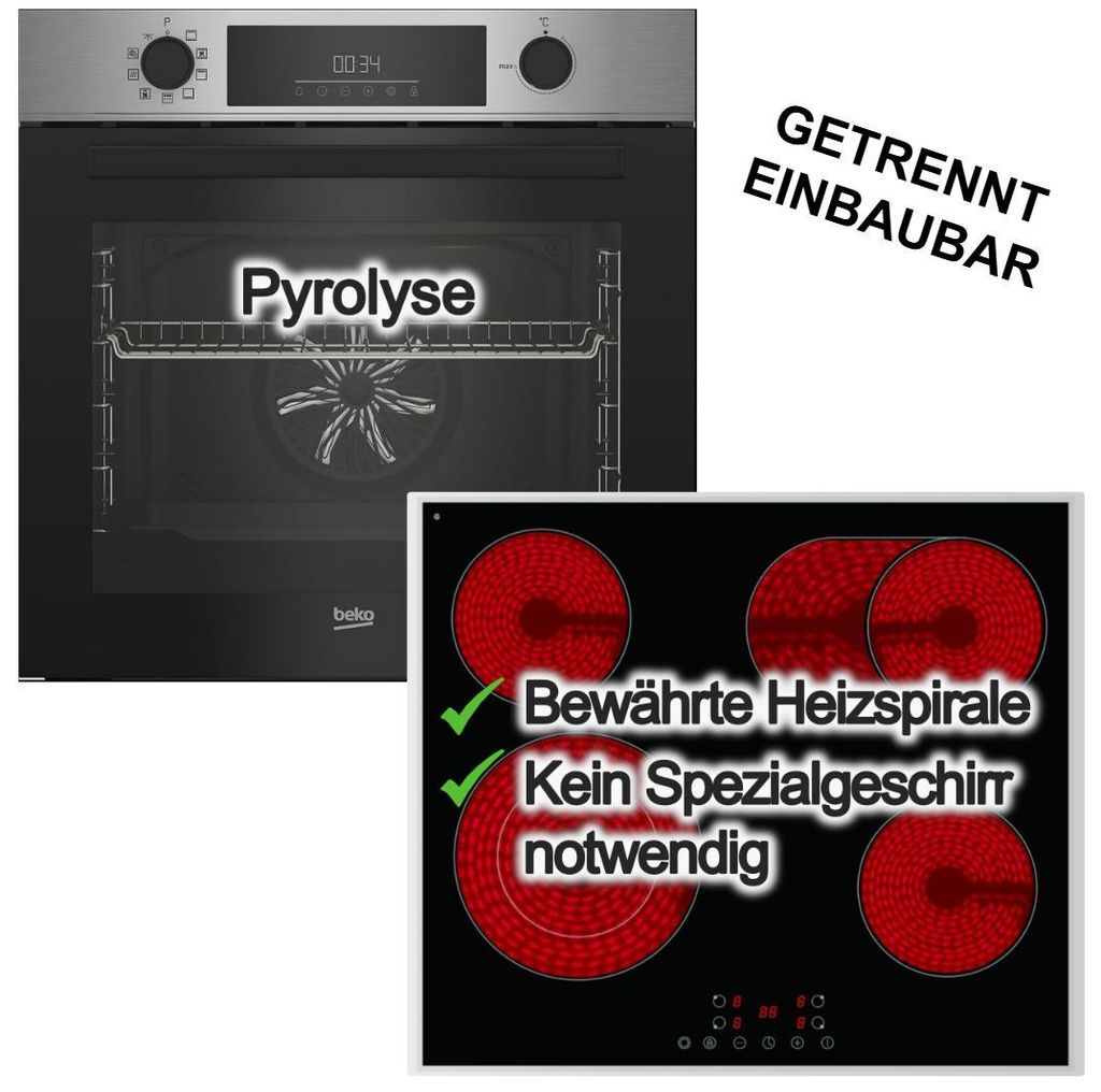 Herdset 72L Pyrolyse von Beko+ Elektrokochfeld 60cm Zweikreis Bräterzone Touch von PKM