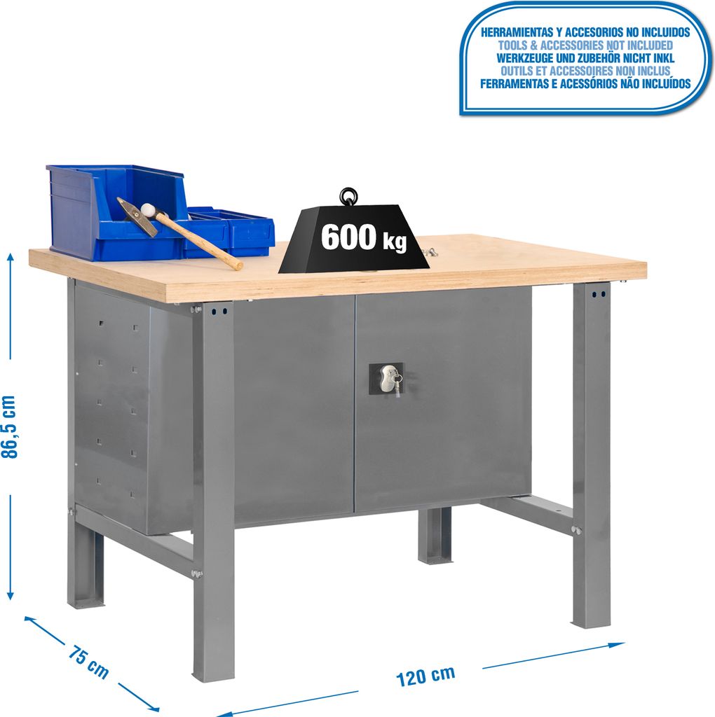 PROREGAL Werkbank BUFFALO WOOD mit Schrank | HxBxT 87x120x75cm | Traglast 600kg | Grau