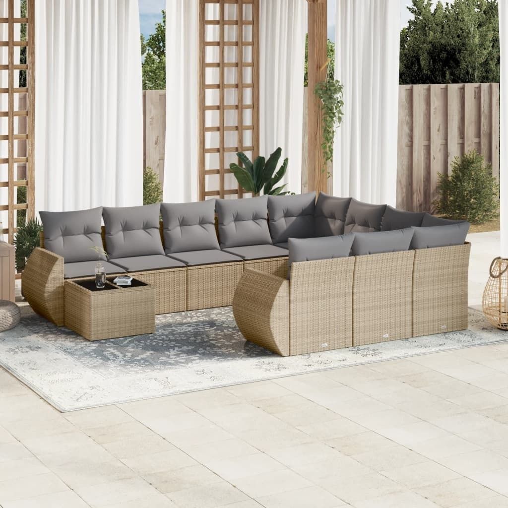 Design 11-tlg. Garten-Sofagarnitur mit Kissen Beige Poly Rattan, Gartenmöbel-Sets 2024 Neu