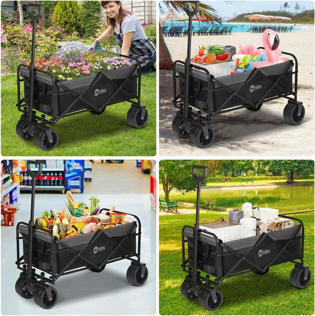 Faltbarer Bollerwagen 200KG - Breite Reifen 17x10 cm, Transportwagen für alle Gelände mit Teleskopstange und Bremsen, Olivgrün