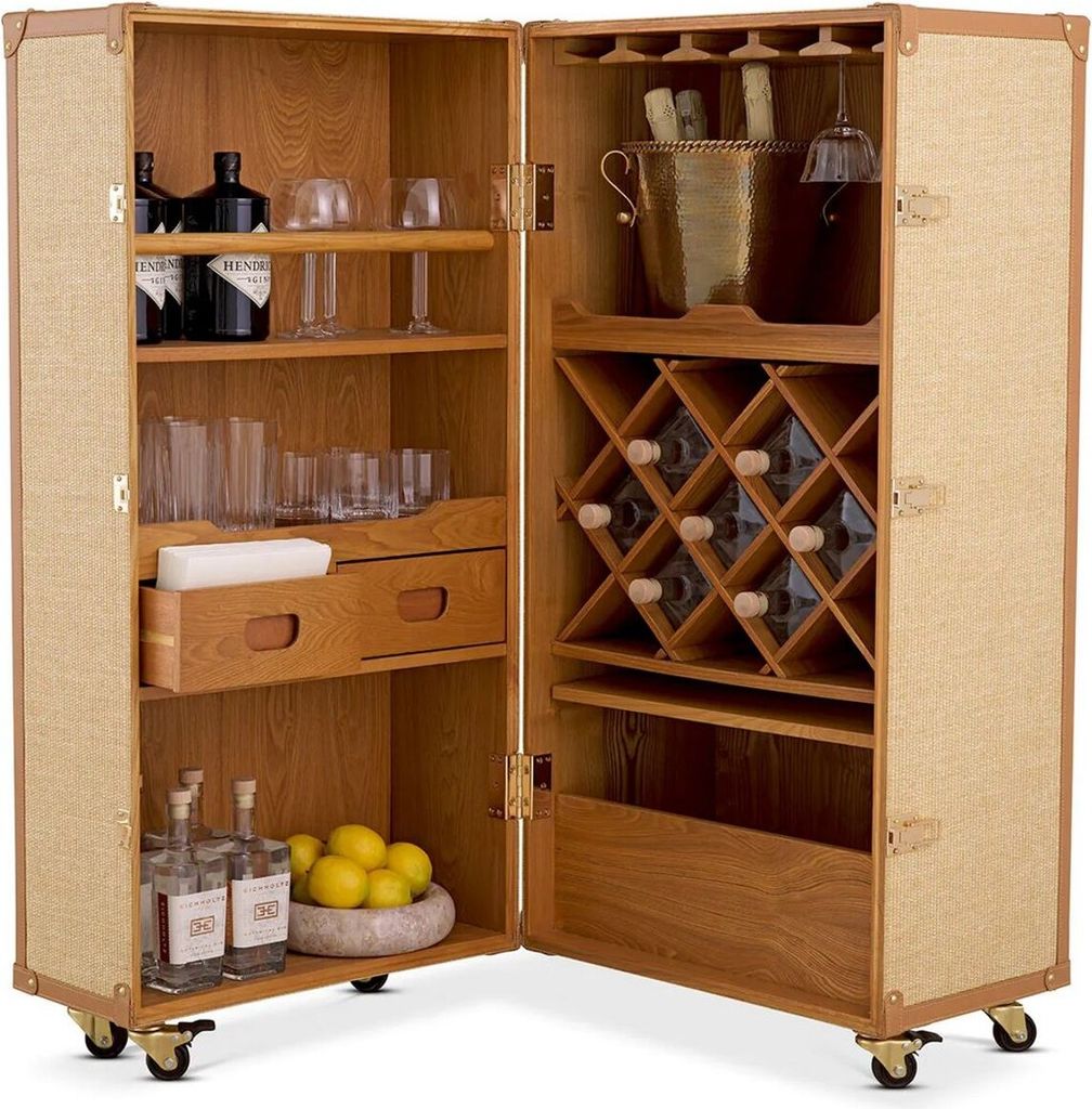 Casa Padrino Luxus Weinschrank im Koffer Design Naturfarben / Braun 59 x 59 x H. 122,5 cm - Kofferschrank mit Rollen - Bar Möbel - Luxus Möbel - ...
