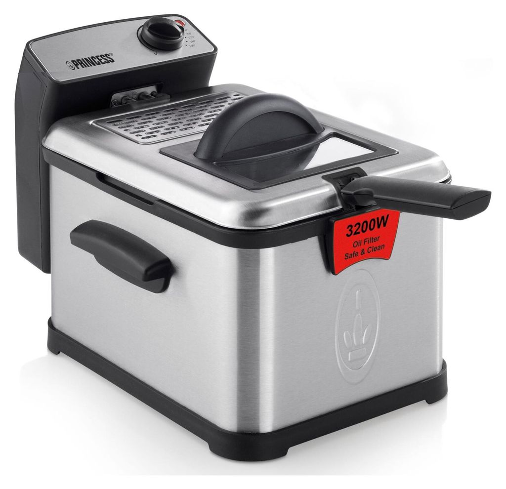 A stainless steel deep fryer with a black lid and handle, set against a white background.