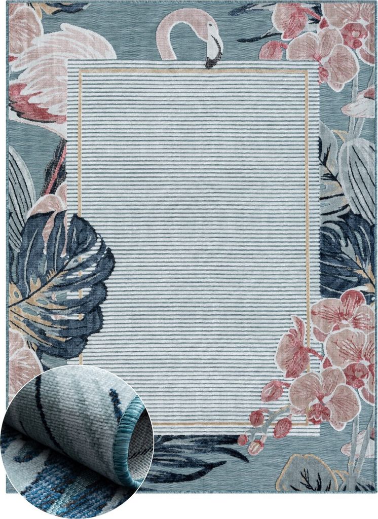 MY-RUG Outdoor-Teppich "Kairos" 320X240 cm, blau, mit floralem Hoch-Tief-Design mit Flamingo, für Balkon und Garten