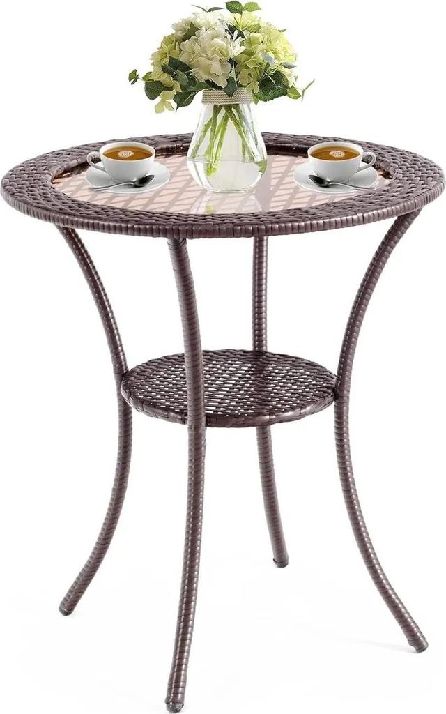Gartentisch aus Rattan - Bistrotisch - Rund - Glasplatte - Mit Ablage - Wetterfest - Für Balkon & Terrasse - Braun