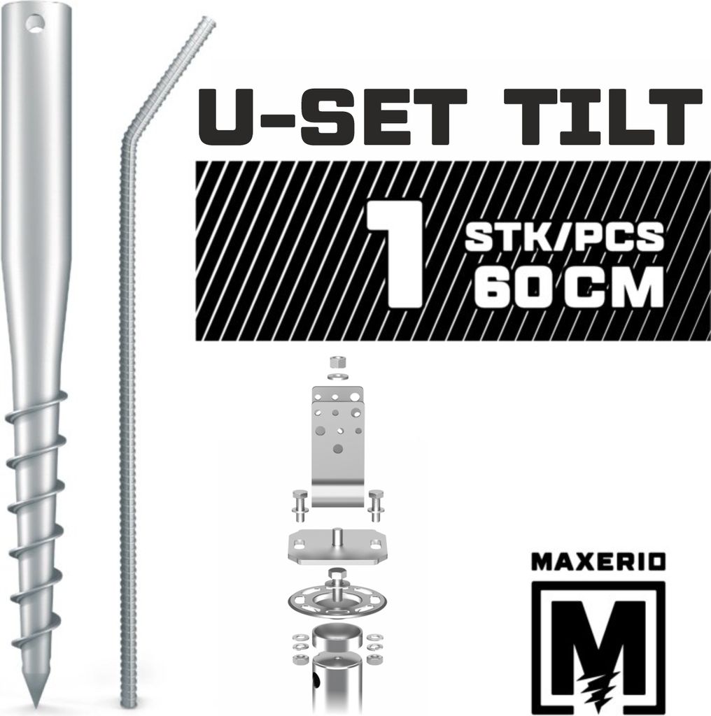 MAXERIO 60 cm 1er U-Set TILT Schraubfundamente inkl. 8 cm Pfostenträger (U-Winkel - feuerverzinkt); Ø 60 x 2; M12