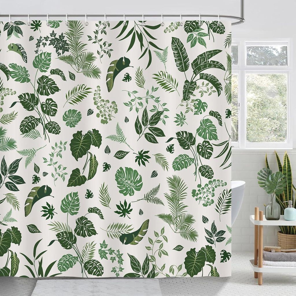 Retro-Duschvorhang mit grünem Blattmuster, 180 x 180 cm, Boho-Stil, waschbarer Polyesterstoff mit 12 Haken