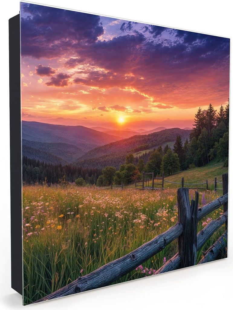 Nachbildung-Schlüsselkasten, Magnetpinnwand und Memoboard mit Glasfront Motiv Sonnenuntergang Wiese