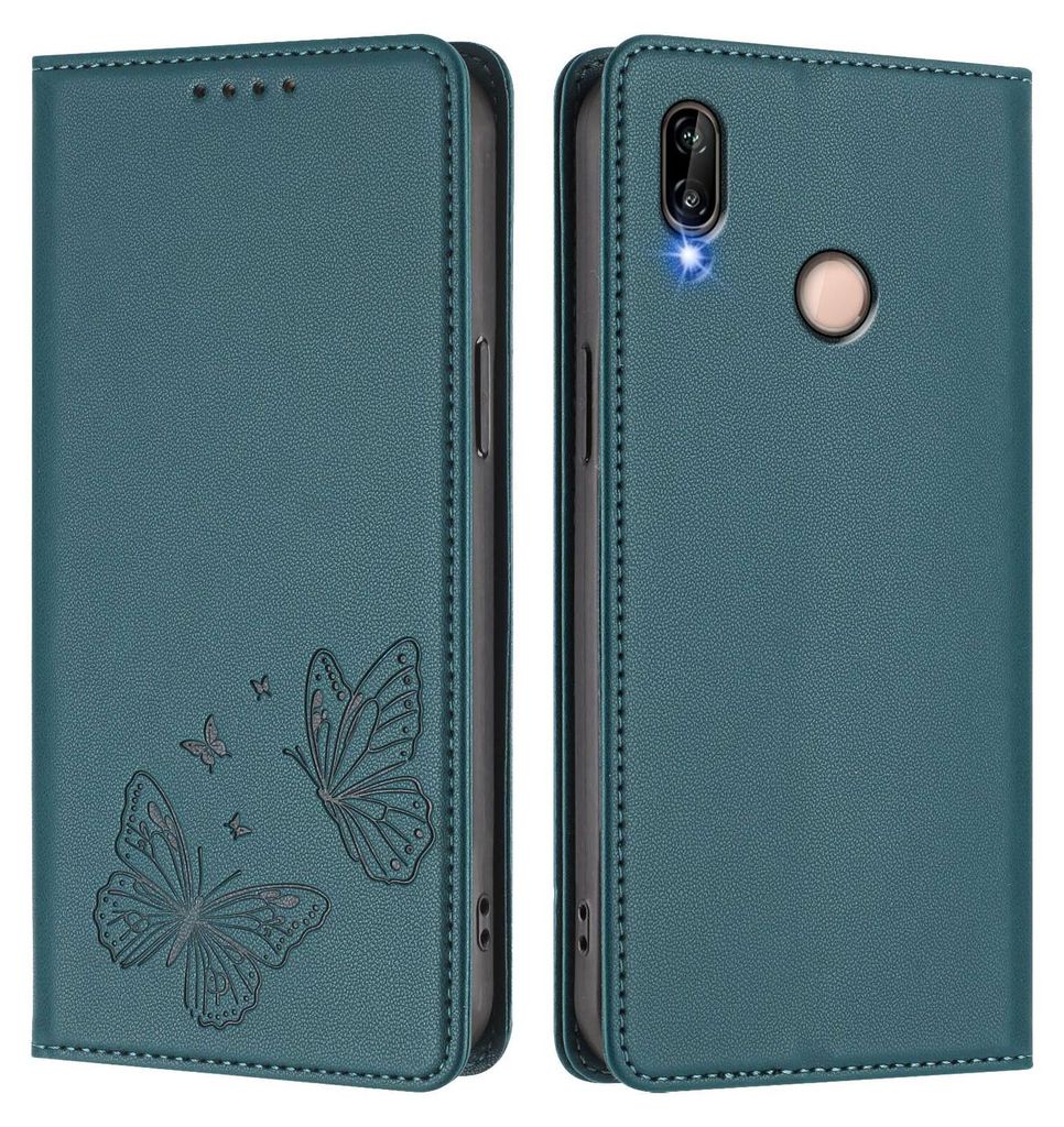 Lederhülle für Huawei P20 Lite, Schmetterling Prägung Leder Brieftasche Schutzhülle mit Ständer Grün