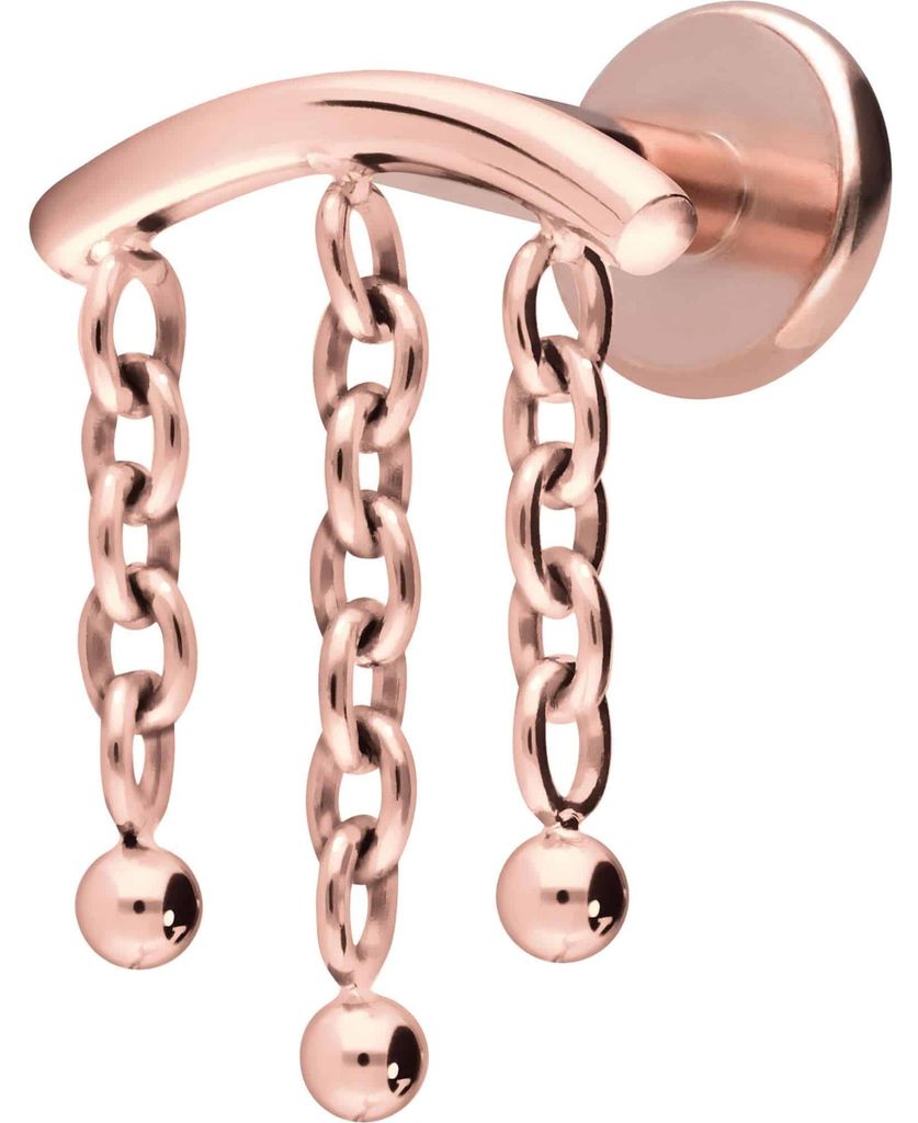Ohrpiercing, Nasenpiercing Titan Labret mit Innengewinde BOGEN + 3 KETTEN RoséGold Stablänge: 6mm | Stabstärke: 1,6mm