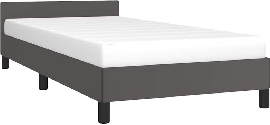 A gray bed frame with a white mattress is shown against a white background.