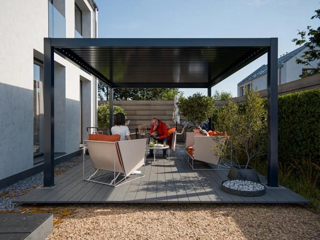 Outgarden Anthrazit 3x3 Meter Pergola, Elektrisch Verstellbare Aluminium Pergola Mit Schiebedach, Wasserdicht UV Beständig, Moderner Terrassenschutz