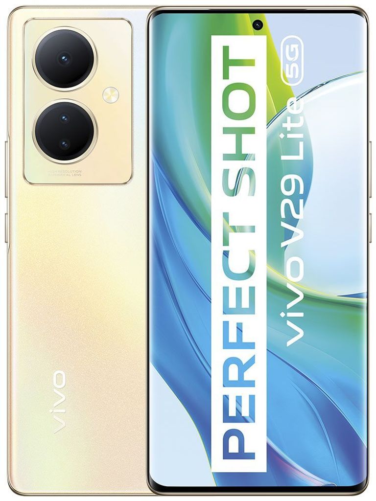A marketing image showing the front and back of a gold Vivo V29 Lite 5G smartphone, with text overlay.