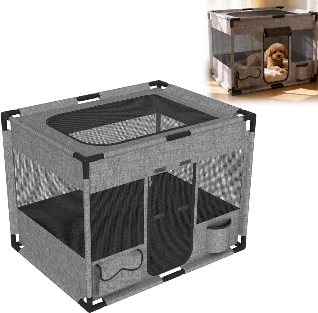 JNGLGO Recinto per cuccioli 85x65x65 cm, gabbia portatile per animali domestici in tessuto Oxford, rete traspirante con cerniera, telaio stabile in PVC, per interni ed esterni, recinto per cani con tasca laterale, grigio