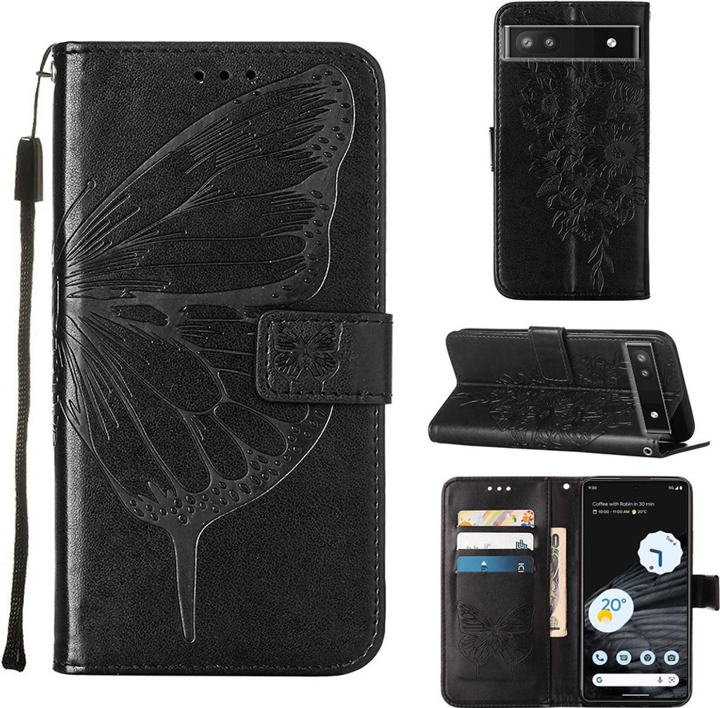 Google Pixel 7 Pro Hülle, Schmetterling Prägung Flip Leder Kartenfächer Schutzhülle Ledertasche mit Ständer für Google Pixel 7 Pro Schwarz