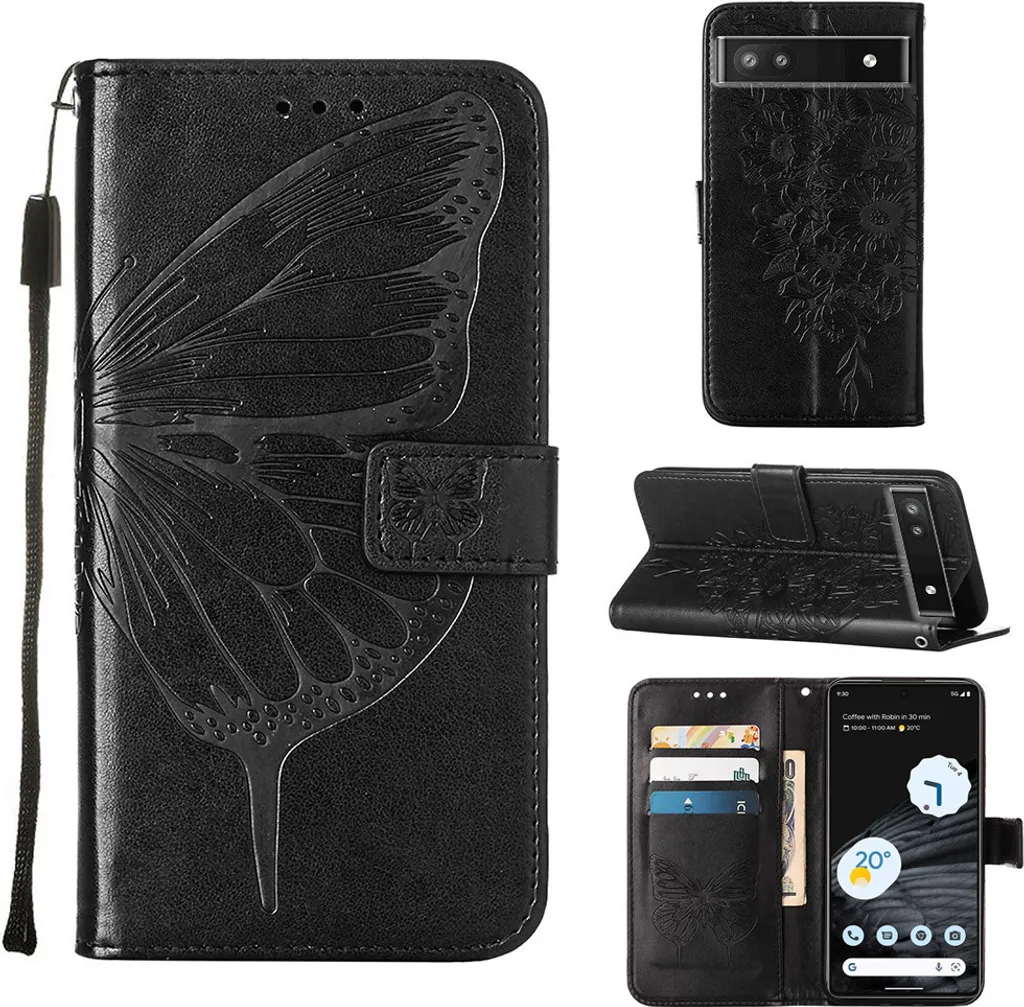 Google Pixel 7 Case, Butterfly Relief Flip Custodia in pelle con slot per schede e stand per Google Pixel 7 nero