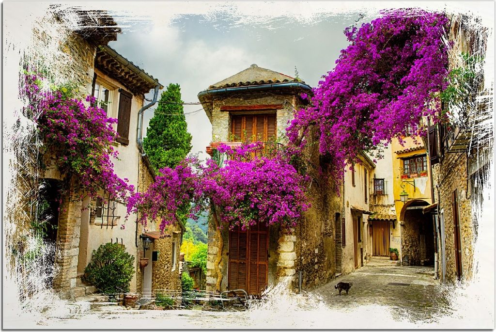 Kunstdrucke Wandbilder Holz in : Brillante Farben, Größe 60 x 90 cm Motiv Malerische Stadt in der Provence mit bunten Blumen