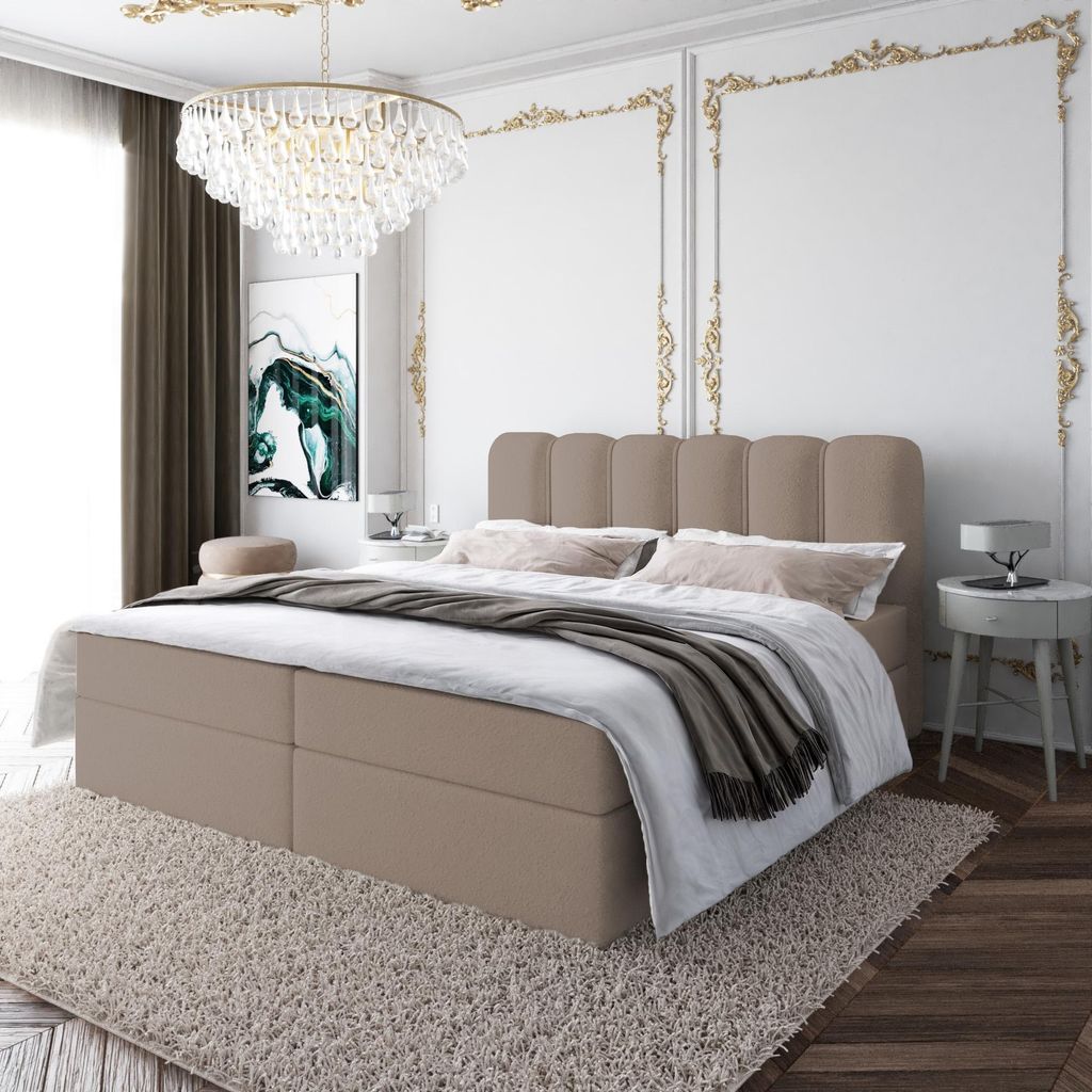 Boxspringbett NANDO ohne Topper Bett mit Bettkästen Polsterbett, Bettgestell, Doppelbett, Stauraum, Schlafzimmer (200x200, Hellbraun - Fredo 05)