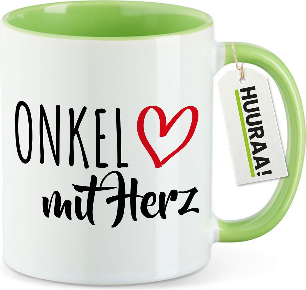 Huuraa Kaffeetasse Onkel mit Herz 330ml Grün Keramik Kaffeebecher Geschenkidee