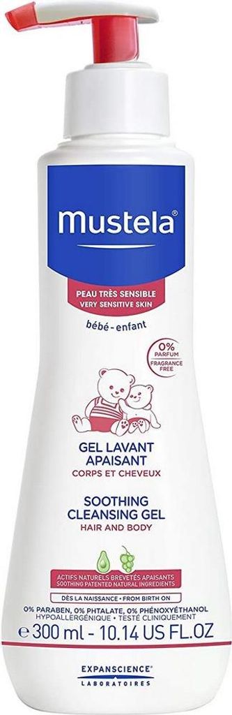 A product shot of a bottle of Mustela baby cleansing gel.