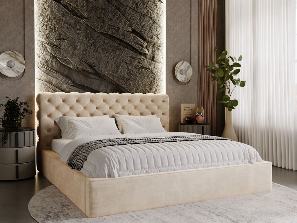 GrainGold Polsterbett Apollo 160x200 cm - Bett 160x200, Polsterbett mit Bettkasten - Doppelbett mit Lattenrost - Beige (Magic Velvet 2201)