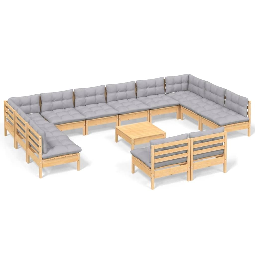 13-tlg. Garten-Lounge-Set mit Grauen Kissen Kiefer Massivholz