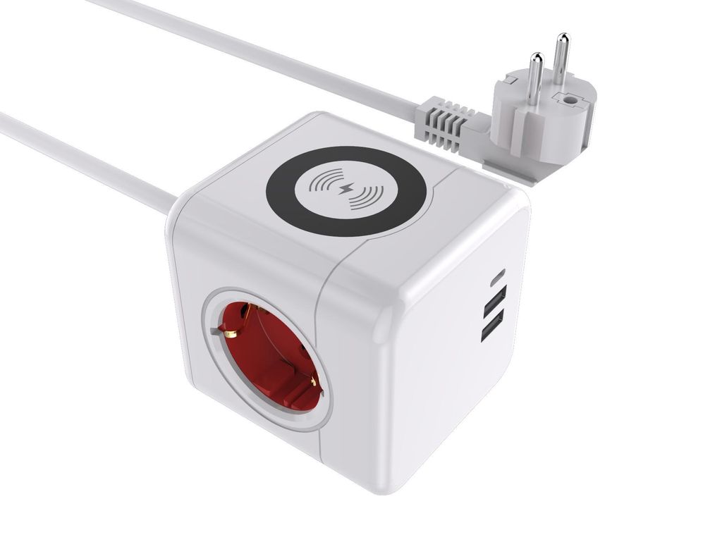E07 Power Cube mit 3 EU-Steckdosen, USB & Typ-C, 15W Wireless Charging, flammhemmend, kompakt