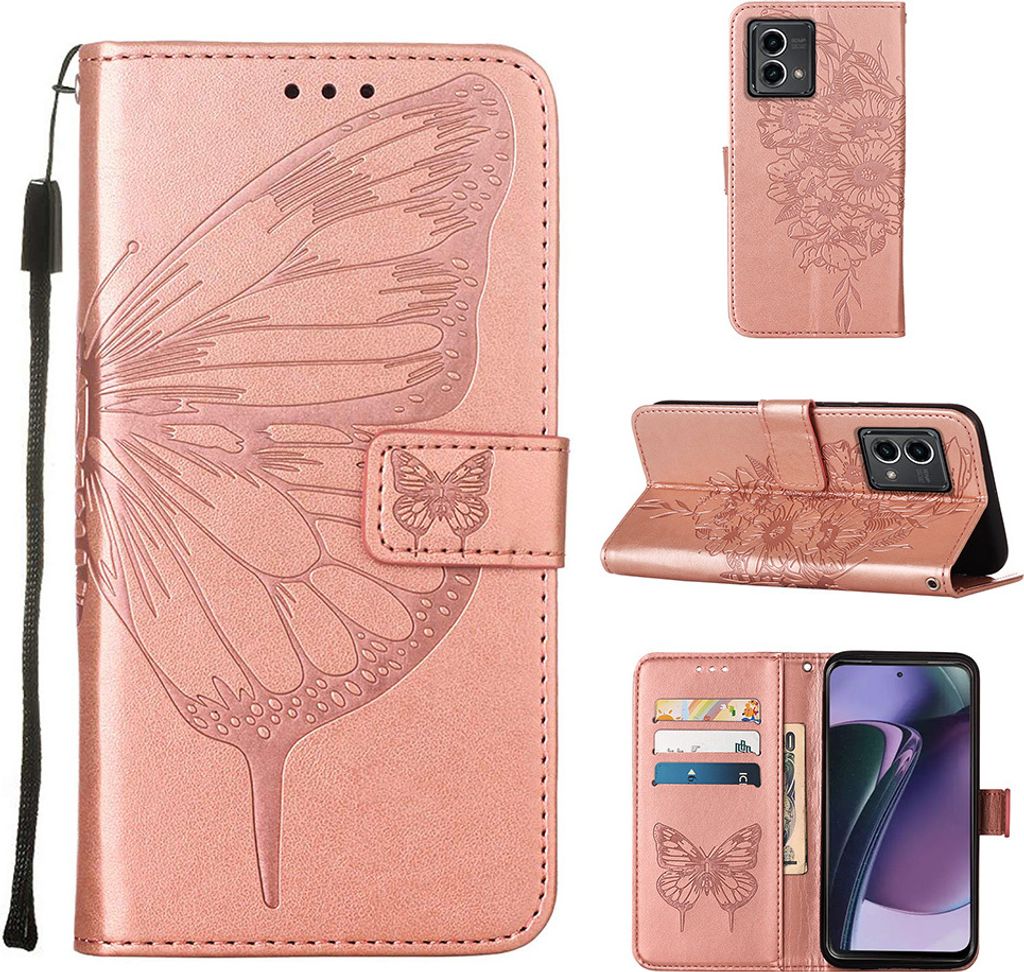 Lederhülle für Motorola Moto G Stylus 5G (2023) Schmetterling Prägung Flip Ledertasche Kartenfächer Handyhülle mit Ständer Pink