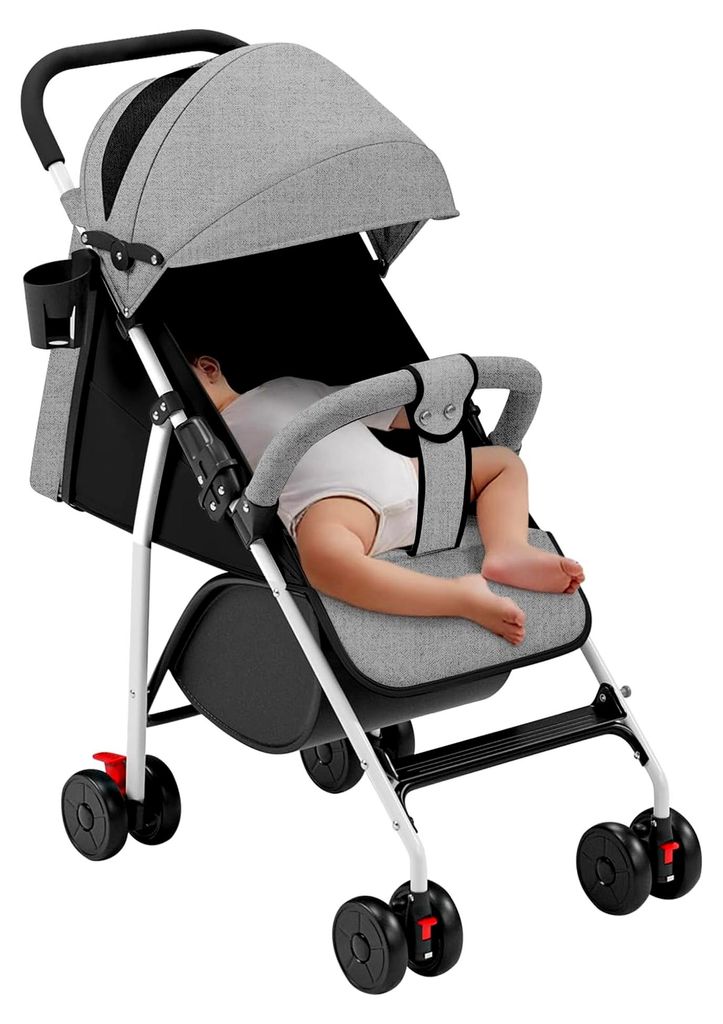 Kinderwagen Buggy mit Liegefunktion, leichter 4-Rad Buggy für 0–4 Jahre, verstellbare Rückenlehne, kompakt zusammenklappbar, mit Moskitonetz un...