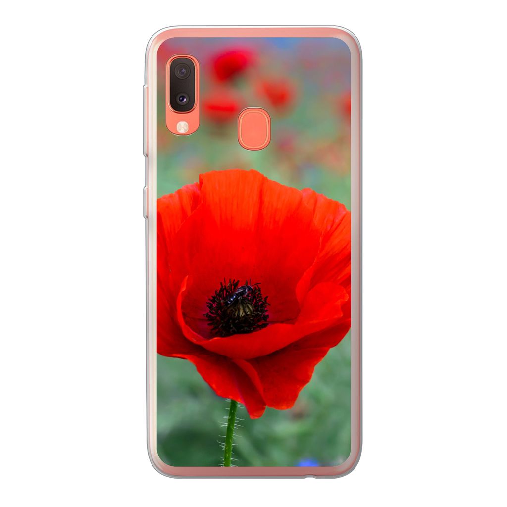 MuchoWow Handyhülle Schutzhülle Hülle für Samsung Galaxy A20e Lila und rote Mohnblumen auf einer Wiese Silikon Softcase Handy Hülle - Abdeckung