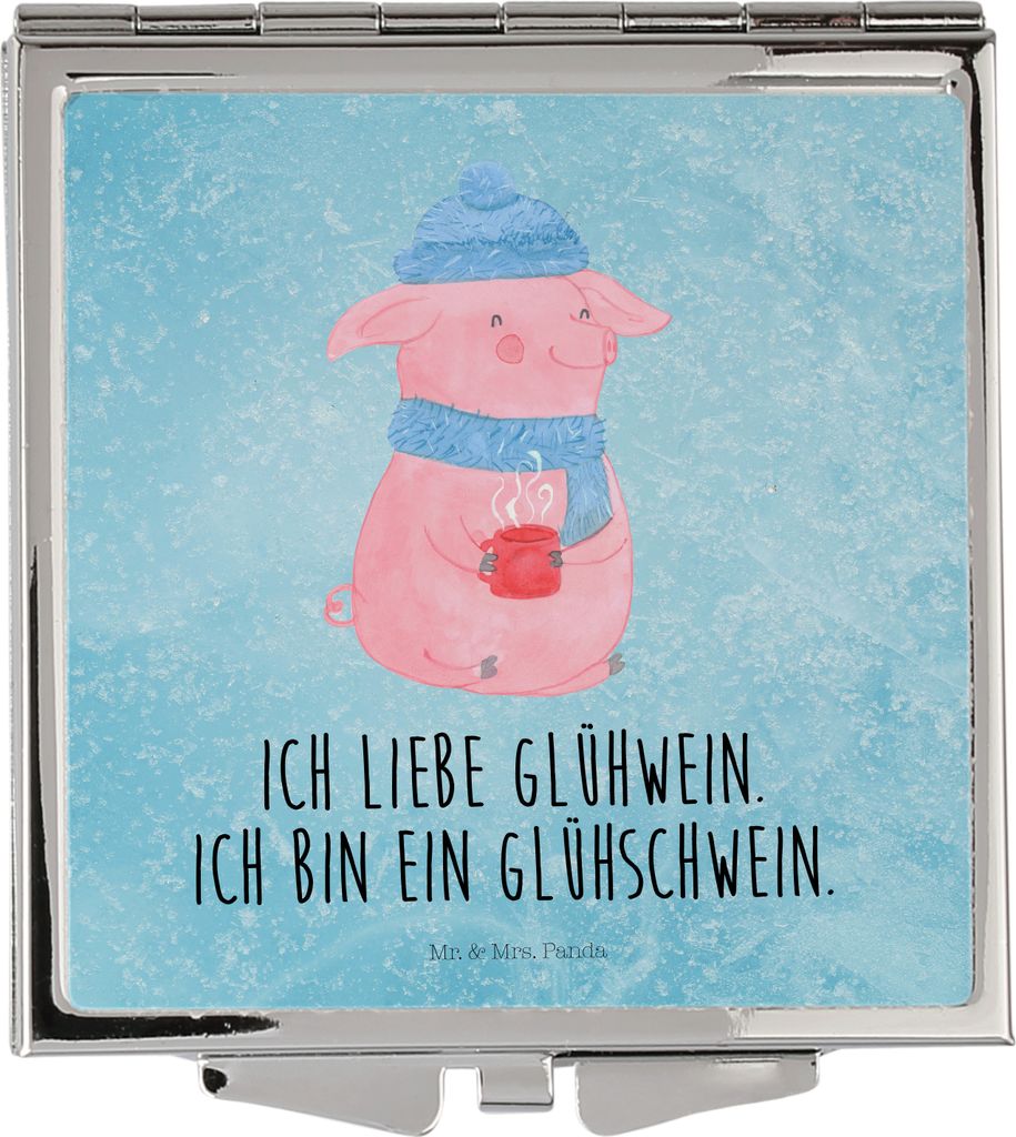 Mr. & Mrs. Panda Kosmetikspiegel Schwein Glühwein - Eisblau - Geschenk, Klappspiegel, Weihnachten, Schminkspiegel, Klappbarer Spiegel, Glühschwei...