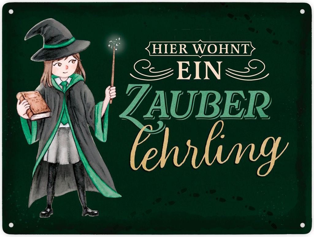 Zauberschülerin Metallschild XXL in 28x38 cm in grün mit Produktbild 