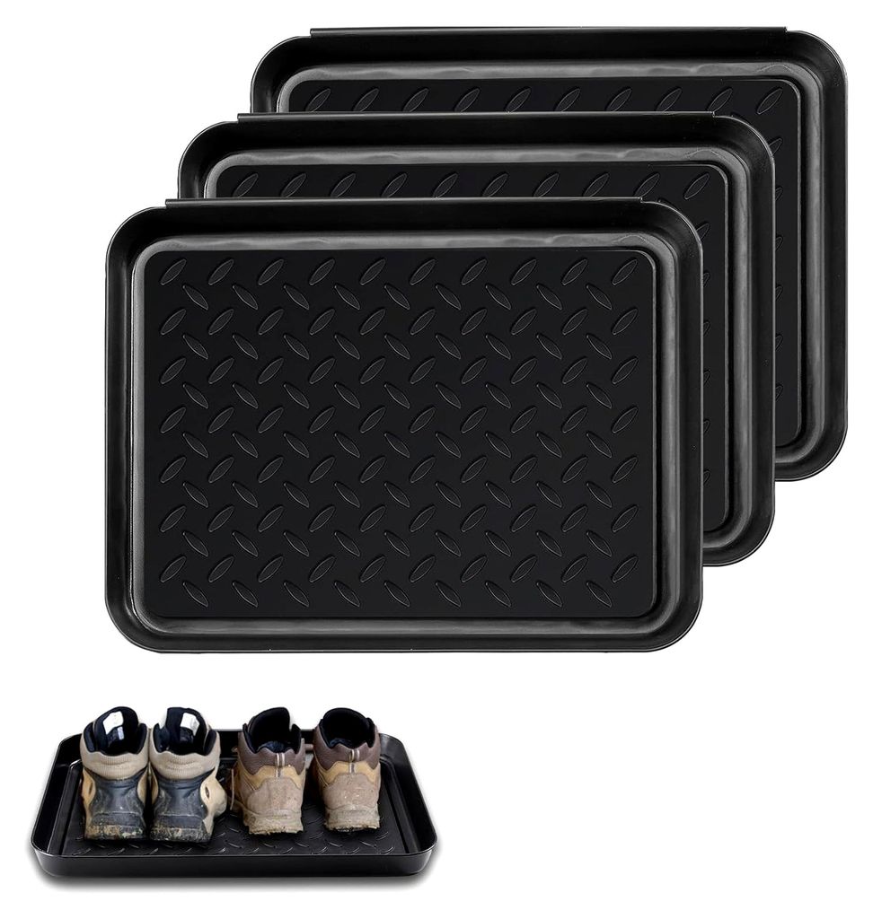 3er Set Schuhabtropfschalen, Schuhmatten aus Kunststoff für Schuhe, 35×27,5×3 cm mit erhöhtem Rand, Schuhwannen für Innen & Außen, Schwarz