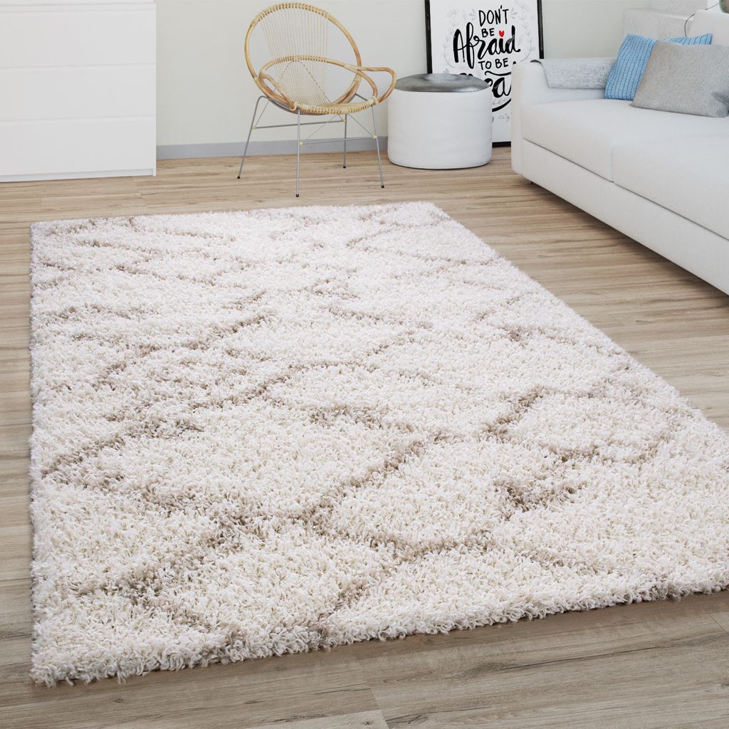 Hochflor Teppich Wohnzimmer Shaggy Langflor Modernes Boho Skandi Rauten Muster Grösse 80x150 cm