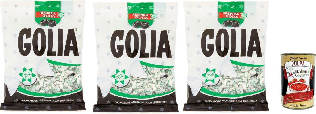 3x Golia Farfallina Gummibonbons, Lakritzgeschmack, Süßigkeiten Bonbon einzeln in einem 160g + Italian Gourmet polpa 400g