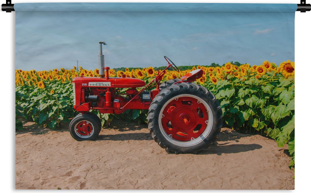 MuchoWow Wandteppich Wandbehang Traktor - Rot - Sonnenblume - Bauernhof - Blumen 150x100 cm Tapisserie Dekoration Wandtuch - Waschbar - Tapisseri...