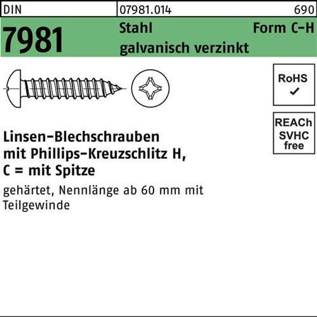 Reyher Blechschrauben DIN 7981 Stahl 5,5x50 -C-H galv verzinkt passiviert (100