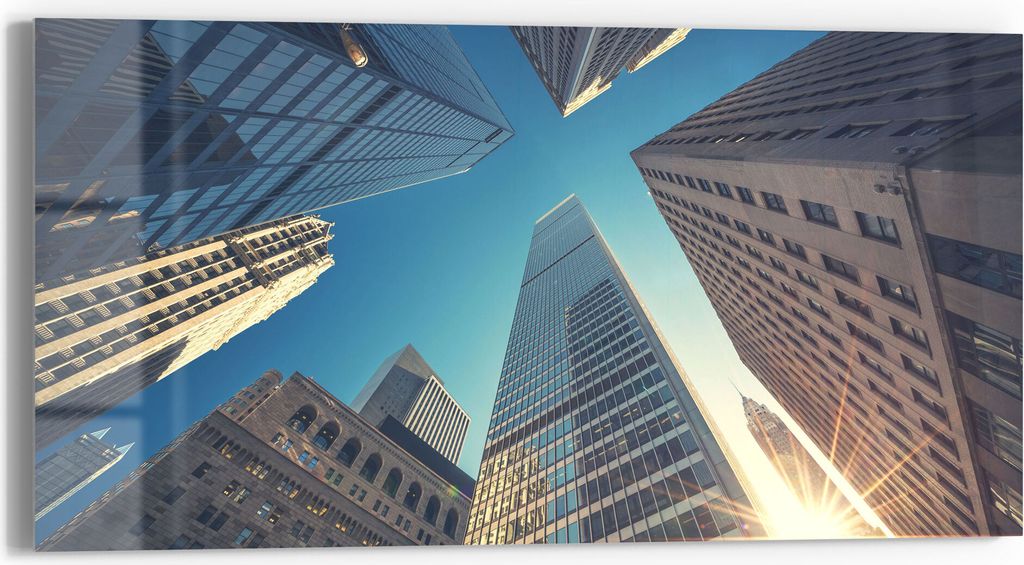 DEQORI Glasbild Echtglas 60x30 cm 'Wall Street Wolkenkratzer' Wandbild Bild modern Deko