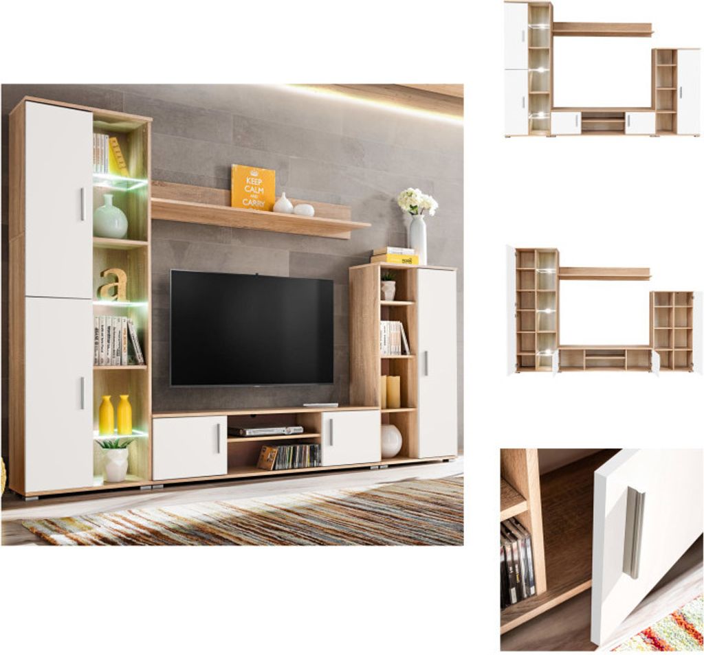 vidaXL TV-Wohnwand mit LED-Leuchten Sonoma Eiche und Weiß - TV-Möbel