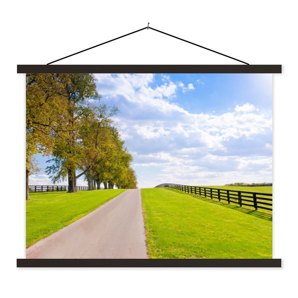 MuchoWow Textilposter Wolken - Bäume - Straße 150x113 cm mit schwarzem Rahmen - Wohnzimmer