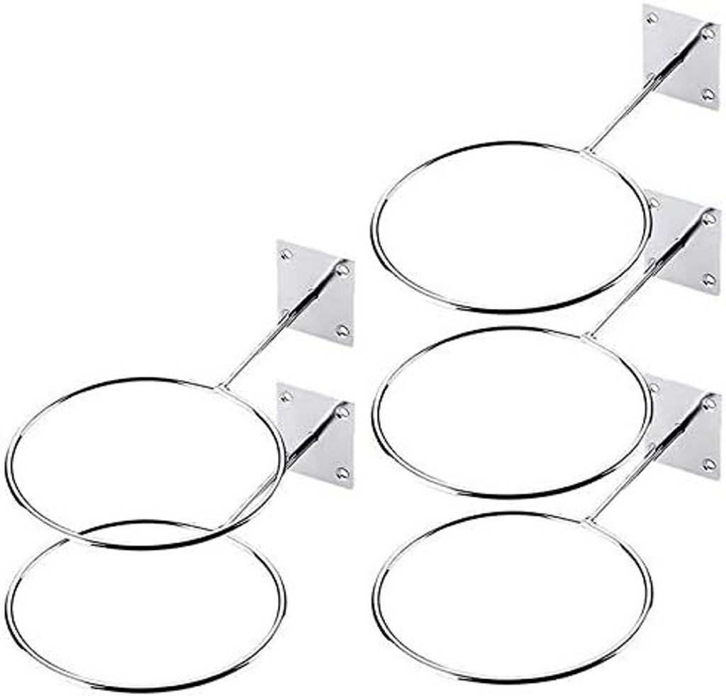A set of five metal ball holders mounted on a white background.