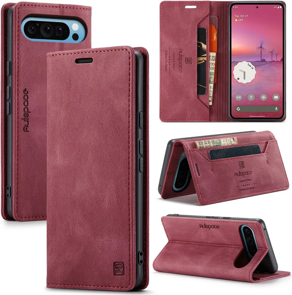 Custodia per Google Pixel 9 Pro XL Retro Custodia in Finto cuoio, supporto e custodia protettiva rosso