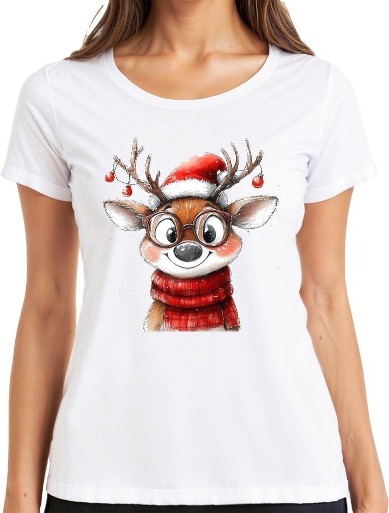 Weihnachtsrentier Brille roter Schal Kinder Geschenk Niedlich Damen T-Shirt, Weiß, XXL